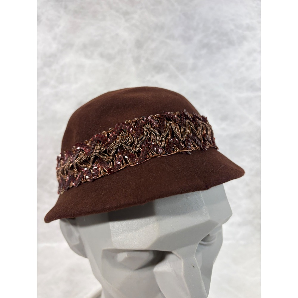 Vintage Brown Wool Felt Cloche Hat Sequin Metallic Trim Bow Accent Chocolate - Picture 4 of 9